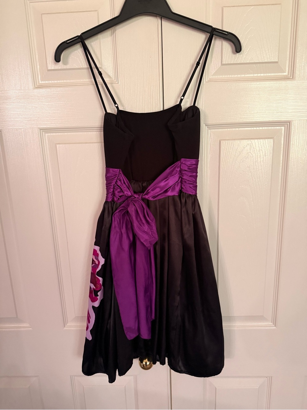 Trixxi Black Mini Dress with Purple Floral Panel and Satin Sash - Picture 2 of 3